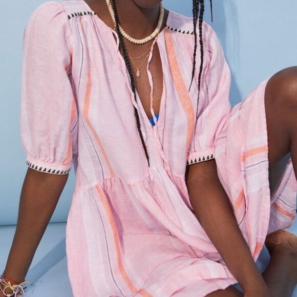 Lemlem X H&M Pink Linen Stripe Mini Short Dress Women's Size S - Picture 3 of 12